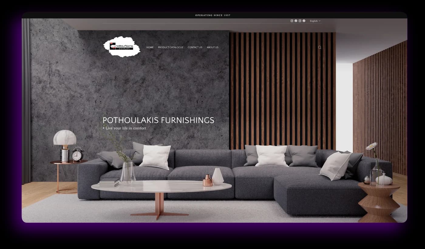 Pothoulakis Furnishings website showcasing a contemporary living room